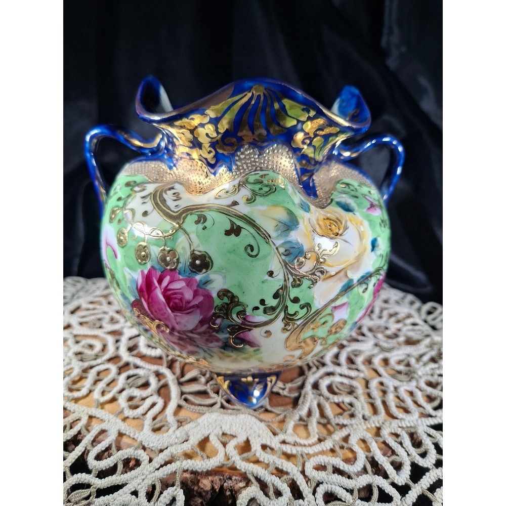 Antique Nippon Hand Painted Floral Porcelain Vase Cobalt Blue Gold Moriage